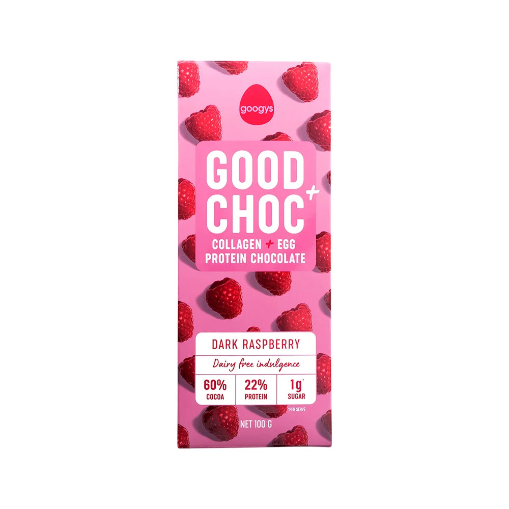 Googys Good Choc+ (Collagen + Egg Protein Chocolate) Dark Raspberry 100g x 10 Display
