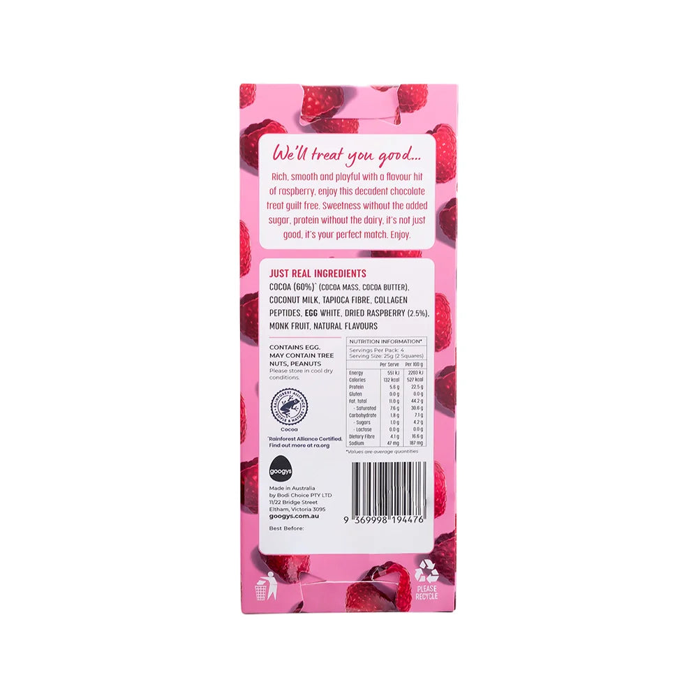 Googys Good Choc+ (Collagen + Egg Protein Chocolate) Dark Raspberry 100g x 10 Display