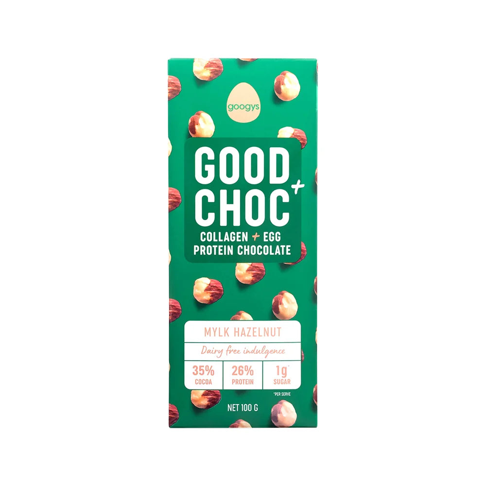 Googys Good Choc+ (Collagen + Egg Protein Chocolate) Mylk Hazelnut 100g x 10 Display