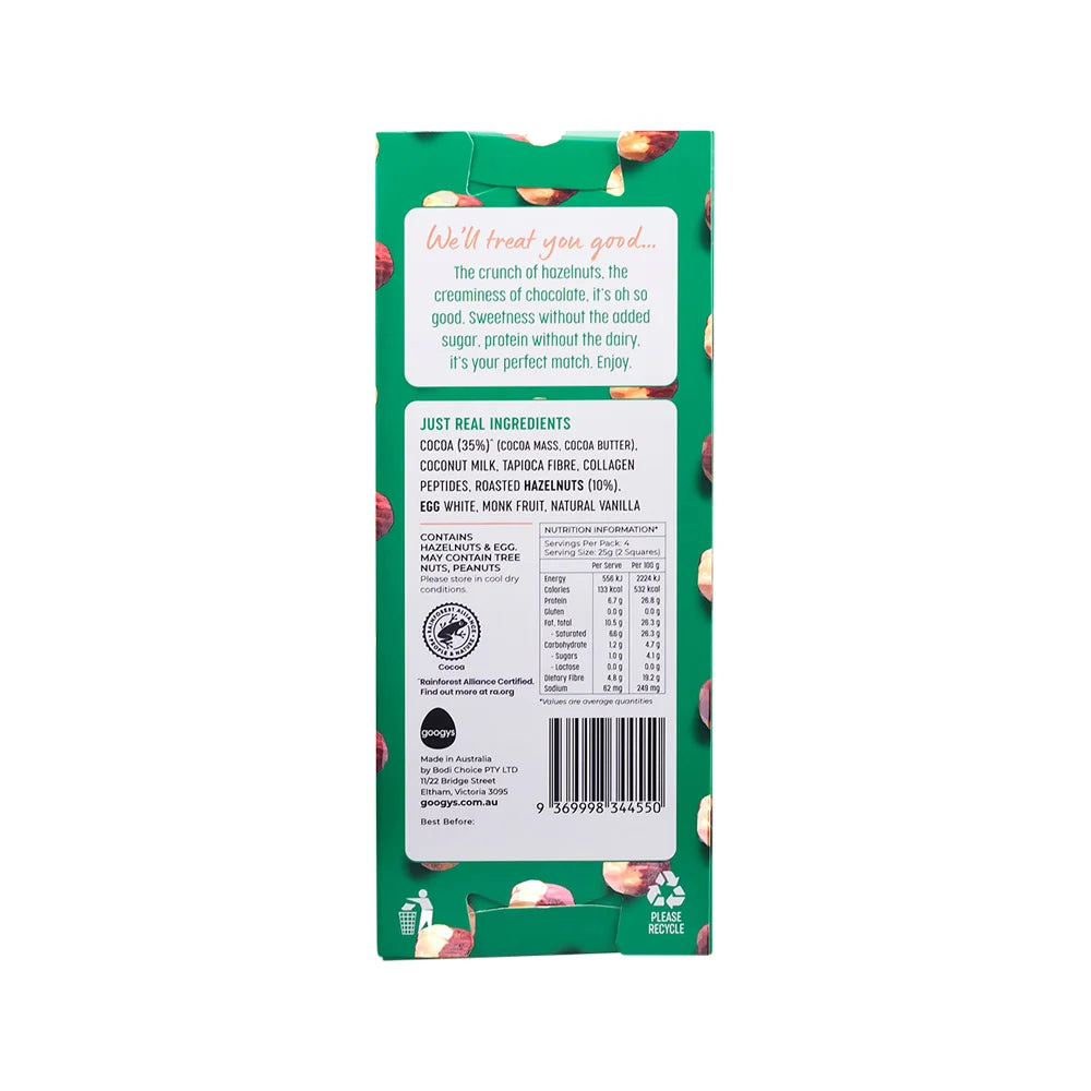 Googys Good Choc+ (Collagen + Egg Protein Chocolate) Mylk Hazelnut 100g x 10 Display