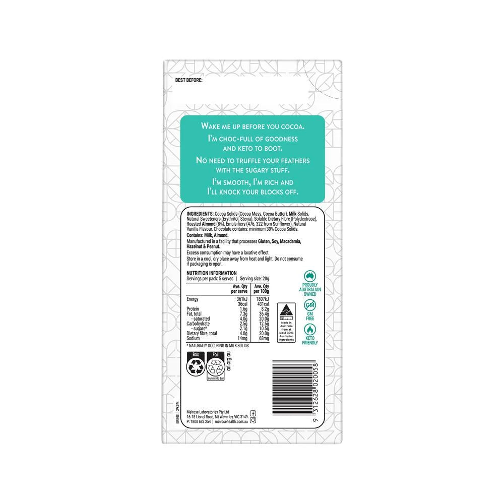 Melrose Ignite Keto Roasted Almond Milk Chocolate 100g x 12 Display